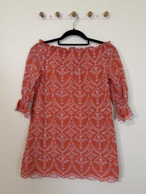 Orange Eyelet Embroidered Off Shoulder Dress Boho Cruise Vacation Outfit Medium